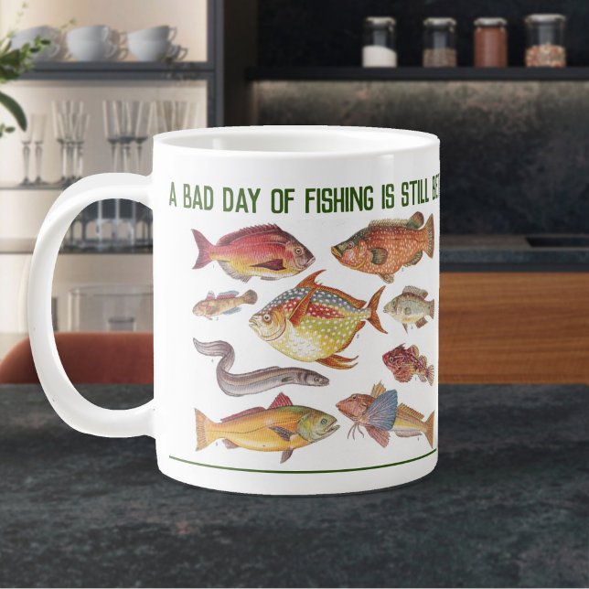 Fisherman Gift. Fishing or Angling Large Coffee Mug (Large Mug with Fish Illustrations)