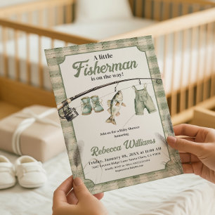 Fisherman Gingham Clothesline Fishing Baby Shower Invitation