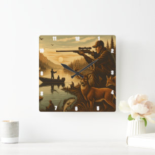 Fisherman Hunter Wildlife Sunset Square Wall Clock