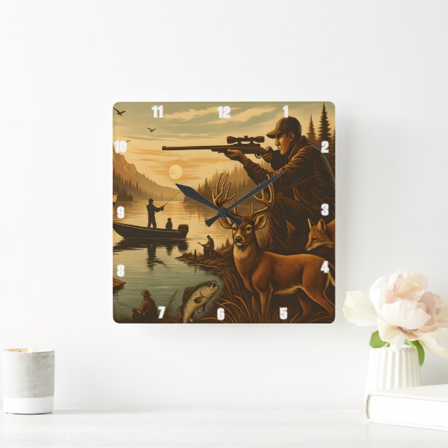 Fisherman Hunter Wildlife Sunset Square Wall Clock (Home)
