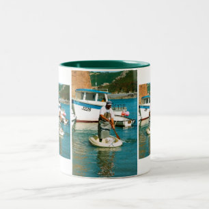 Fisherman in Bonne Nuit harbour Two-Tone Coffee Mug