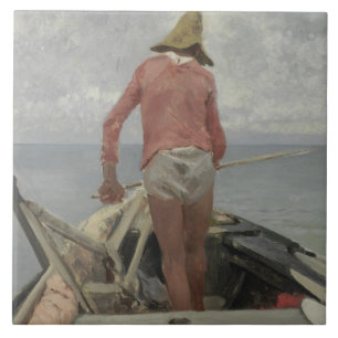 Fisherman in His Boat (by Vincenzo Caprile) Ceramic Tile