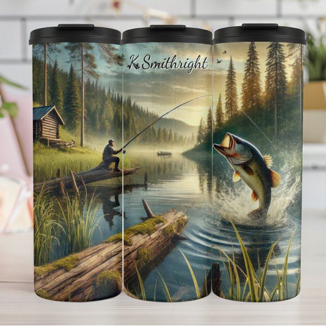 Fisherman Leaping Bass Misty Lake Thermal Tumbler (Creator Uploaded)