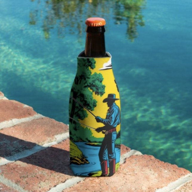 Fisherman on Riverbank Bottle Cooler (Retro Cowboy Fishing Riverside Scene bottle cooler insulated bottle cooler high-density material. )
