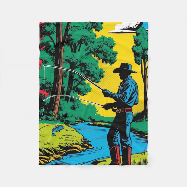 Fisherman on Riverbank Fleece Blanket (Front)