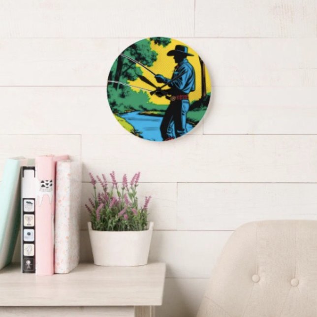 Fisherman on Riverbank Large Clock (Cowboy Fisherman backside hanging slot  non-ticking design. 2 sizes: 8" diameter or 10.75" diameter.)