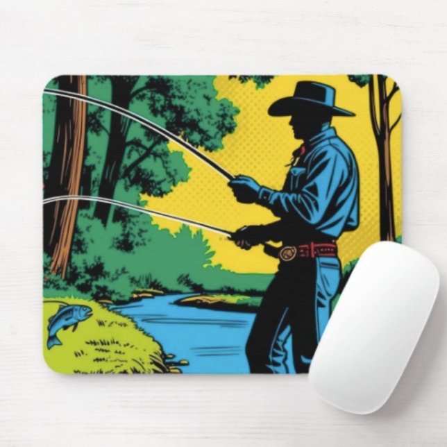 Fisherman on Riverbank  Mouse Pad (Retro Cowboy Fishing Riverside Scene mouse pad durable dust and stain resistant.. Non-slip rubber.
)