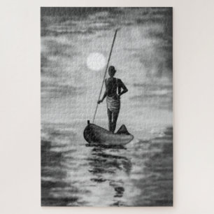 Fisherman On The Boat At Sunset - Black White Jigsaw Puzzle