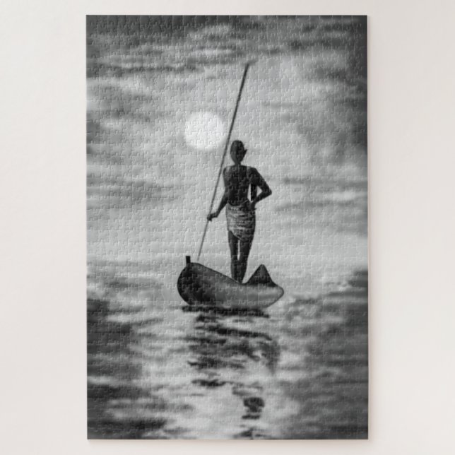 Fisherman On The Boat At Sunset - Black White Jigsaw Puzzle (Vertical)