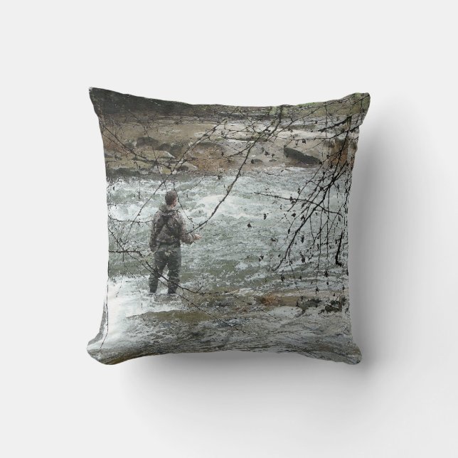 Fisherman River Steelhead Trout Fly Fishing Rapids Cushion (Front)
