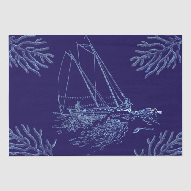 Fisherman Sailing Boat Corals on Navy Blue Tissue Paper (Front)
