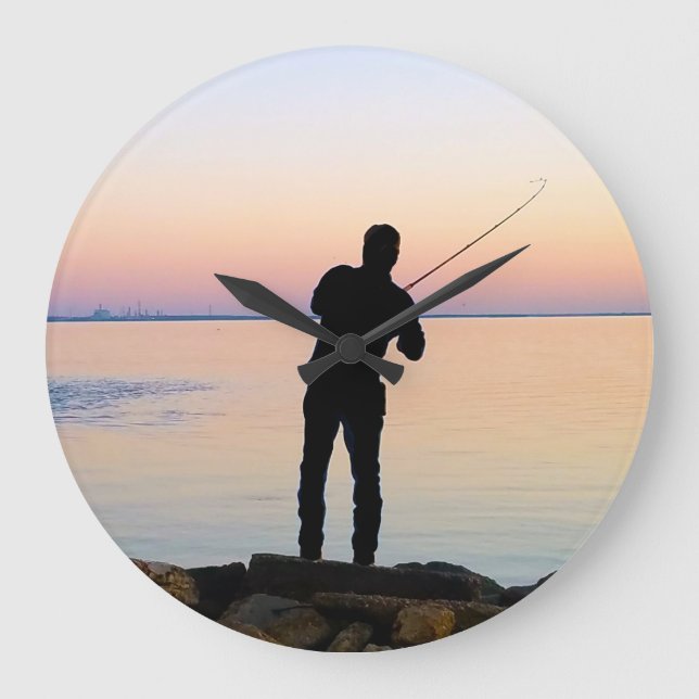 Fisherman Silhouette Fishing Large Clock (Front)