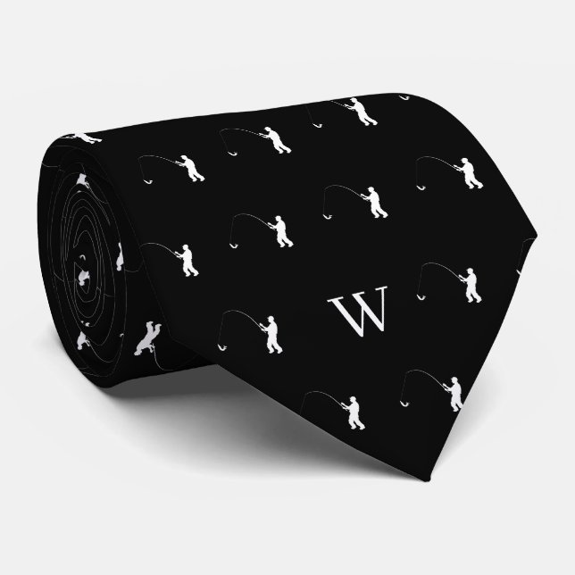 Fisherman Tackle Bait Monogram Initial Black White Tie (Rolled)