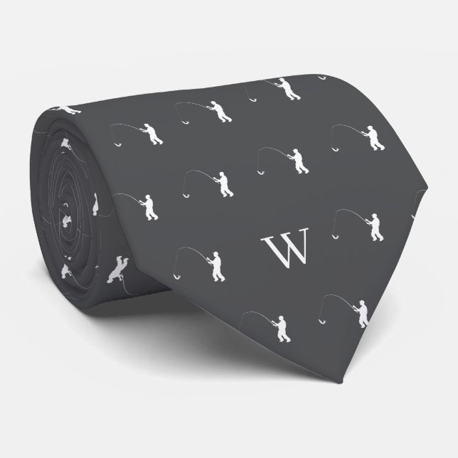 Fisherman Tackle Bait Monogram Initial Grey Tie (Rolled)