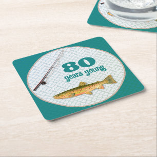 Fisherman Trout Birthday Party Teal Square Paper Coaster