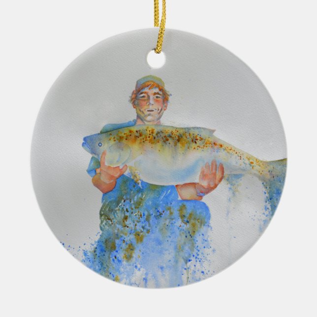 Fisherman watercolor painting fishing gift for him ceramic tree decoration (Front)