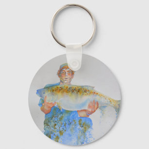 Fisherman watercolor painting fishing gift for him key ring