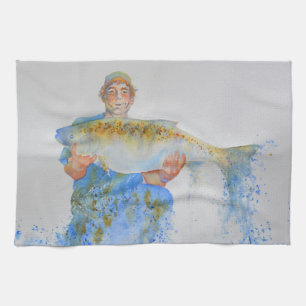 Fisherman watercolor painting fishing gift for him tea towel