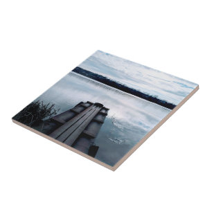 Fisherman's bridge of the Dnieper river with reeds Ceramic Tile