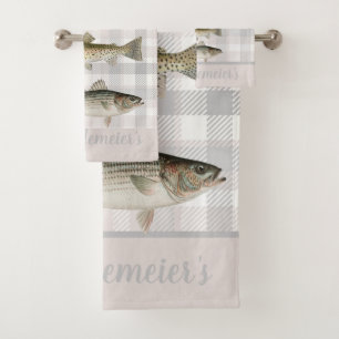 Fisherman's Cabin Fish on Plaid Bath Towel Set