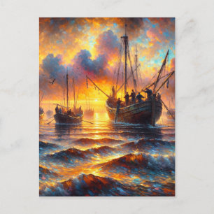 Fishermans fiery retrieve at Sunset Holiday Postcard