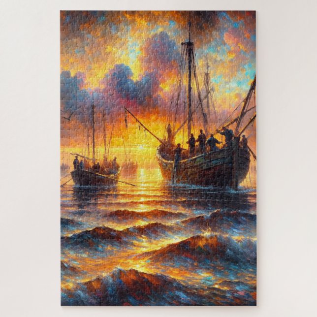 Fishermans fiery retrieve at Sunset Jigsaw Puzzle (Vertical)