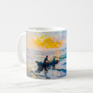 Fishermen at Sunset Impressionist Coastal Scene Coffee Mug