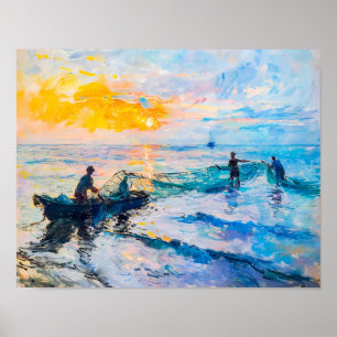 Fishermen at Sunset Impressionist Coastal Scene Poster