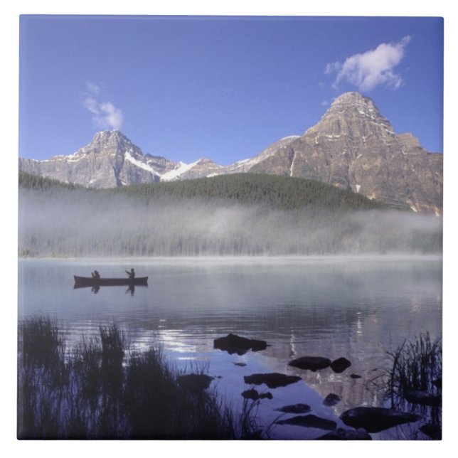 Fishermen in canoe on Waterfowl Lake, Banff Ceramic Tile (Front)