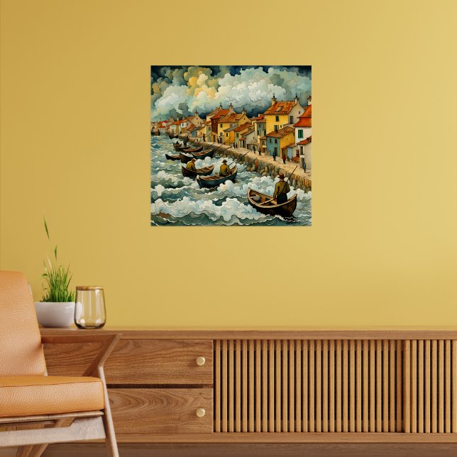 Fishermen on Boats in Stormy Sea Van Gogh Style Poster (Living Room 2)