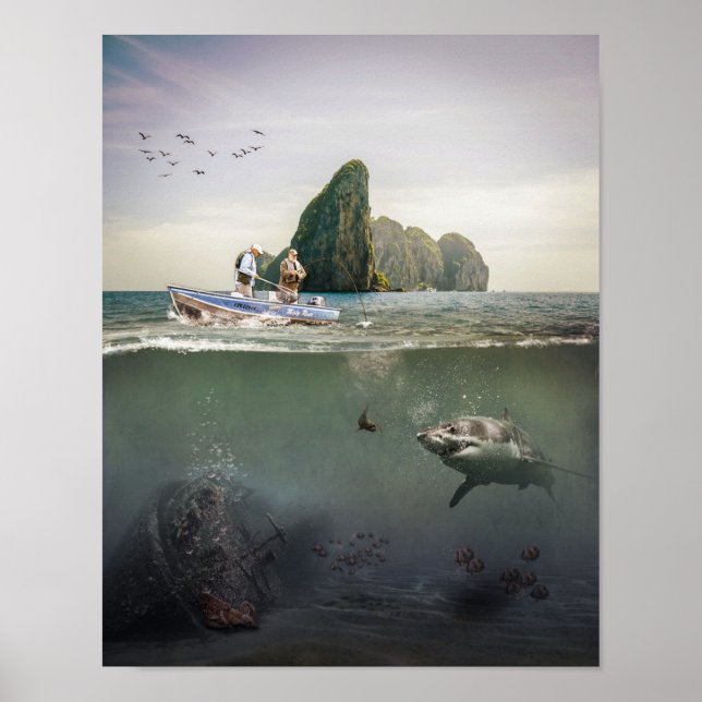 Fishermen, Shark and Shipwreck Artwork Poster (Front)