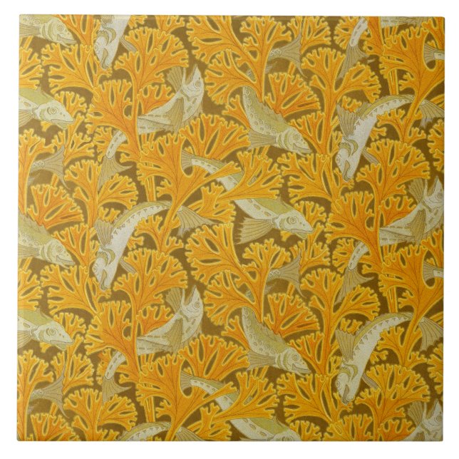 FISHES AND ALGAES IVORY YELLOW Art Nouveau Pattern Ceramic Tile (Front)