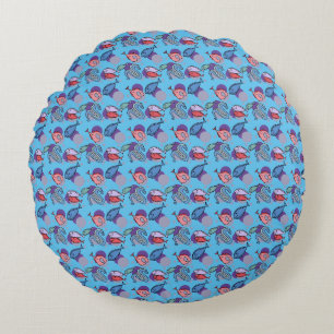 Fishes and eel. Blue background. Round Cushion