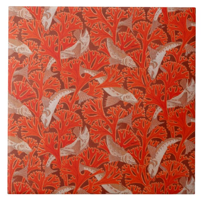 FISHES AND RED ALGAES  Art Nouveau Animal Pattern Ceramic Tile (Front)