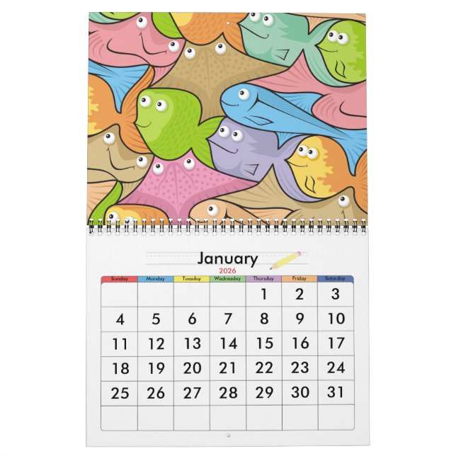 Fishes cartoon calendar (Jan 2026)
