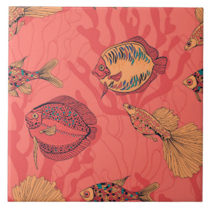 Fishes on living coral background ceramic tile