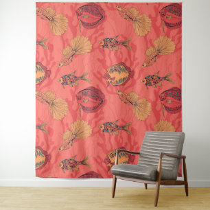 Fishes on living coral background tapestry