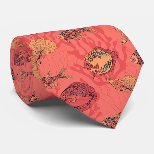 Fishes on living coral background tie (Rolled)