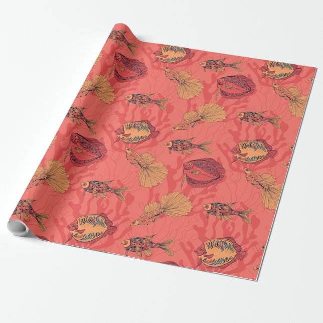 Fishes on living coral background wrapping paper (Unrolled)