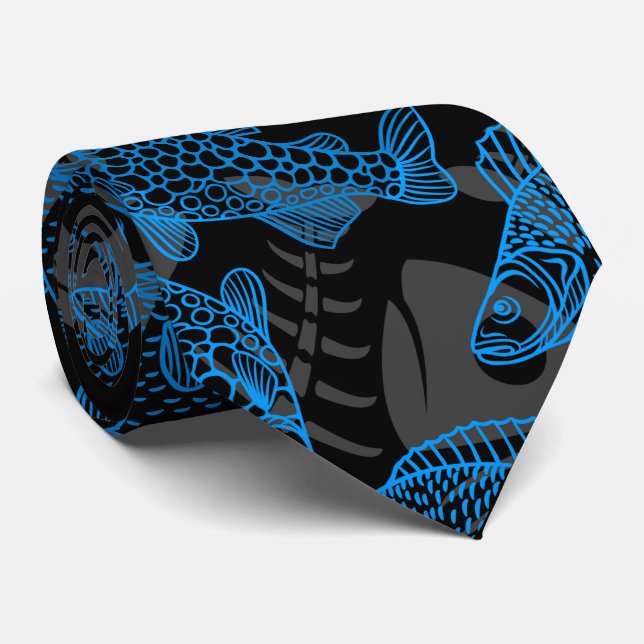 Fishes Pattern 01 Hidden bones.B DGrey BG Tie (Rolled)