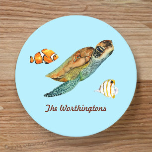 Fishes with Sea Turtle on Light Aqua Round Paper Coaster