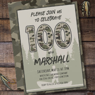 Fishing 100th Birthday Camouflage Woodland Forest Invitation