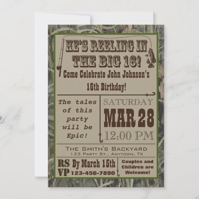 Fishing 16th Birthday Invitation with Camo (Front)