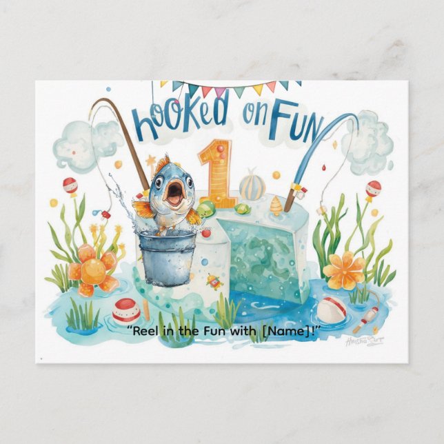 Fishing 1st Birthday for Little Anglers Party  Postcard (Front)