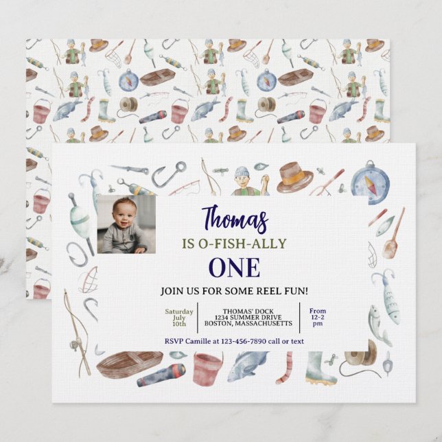 Fishing 1st Birthday Invitation | O-Fish-Ally One  (Front/Back)