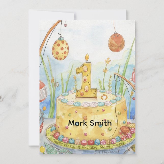 Fishing 1st Birthday with Cake for Fishing Lovers Card (Front)