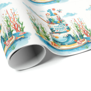 Fishing 1st Birthday with Cake  Wrapping Paper