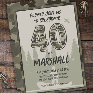 Fishing 40th Birthday Camouflage Woodland Forest Invitation