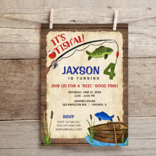 Fishing 4th birthday boy rustic outdoors invitation