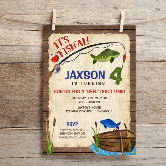 Fishing 4th birthday boy rustic outdoors invitation (Creator Uploaded)